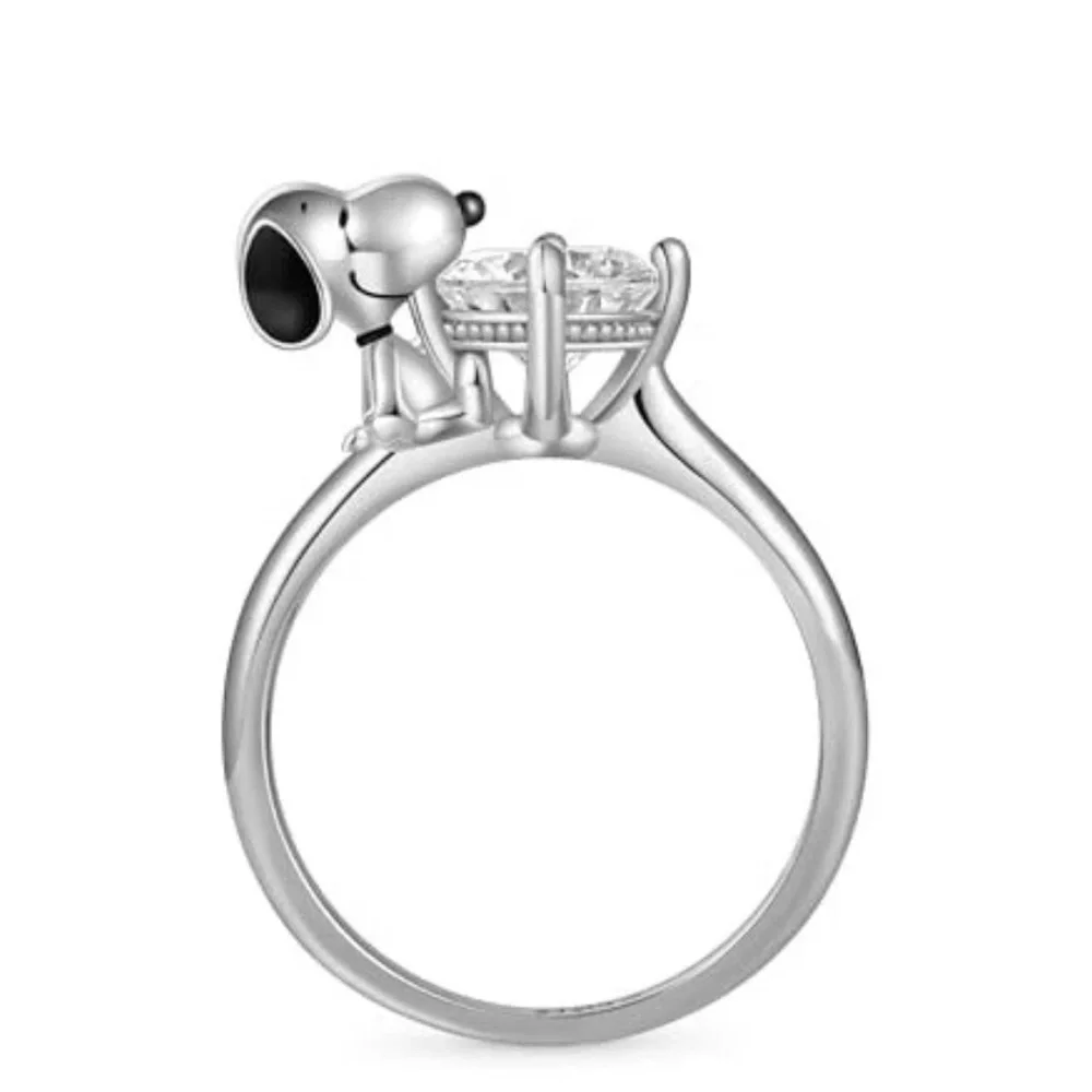 RESTOCKED 925 Sterling Silver Peanuts Snoopy Hugging Diamond Solitaire Ring - Picture 5 of 6